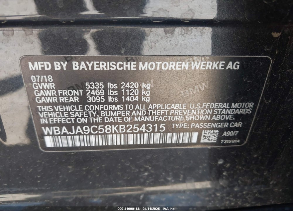 2019 BMW 530E IPERFORMANCE VIN: WBAJA9C58KB254315
