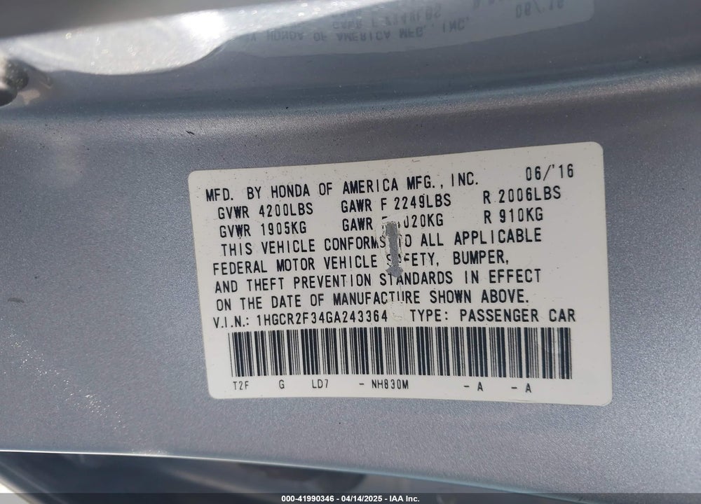 2016 HONDA ACCORD LX VIN: 1HGCR2F34GA243364