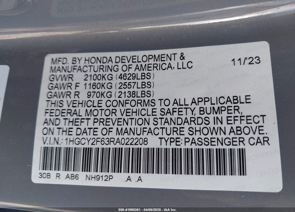 2024 HONDA ACCORD VIN: 1HGCY2F63RA022208