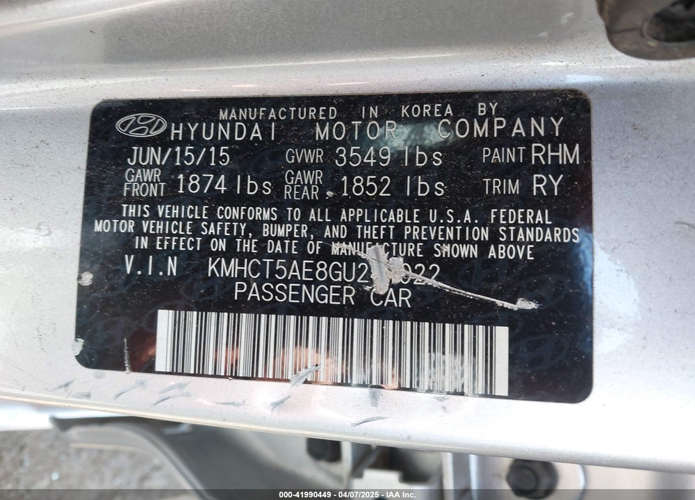 2016 HYUNDAI ACCENT VIN: KMHCT5AE8GU244022