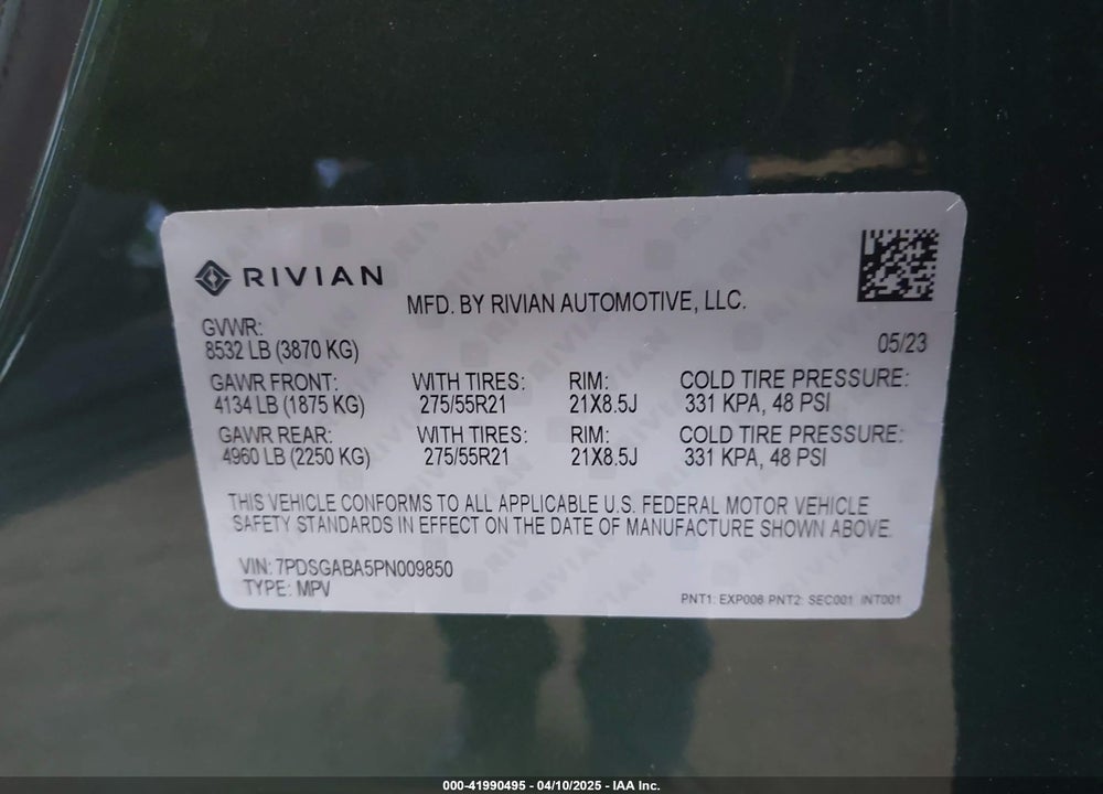 2023 RIVIAN R1S VIN: 7PDSGABA5PN009850
