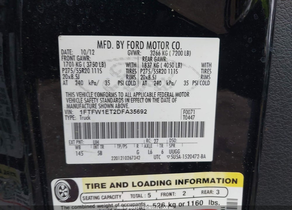 2013 FORD F-150 VIN: 1FTFW1ET2DFA35692