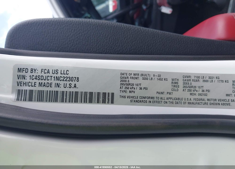2022 DODGE DURANGO VIN: 1C4SDJCT1NC223078