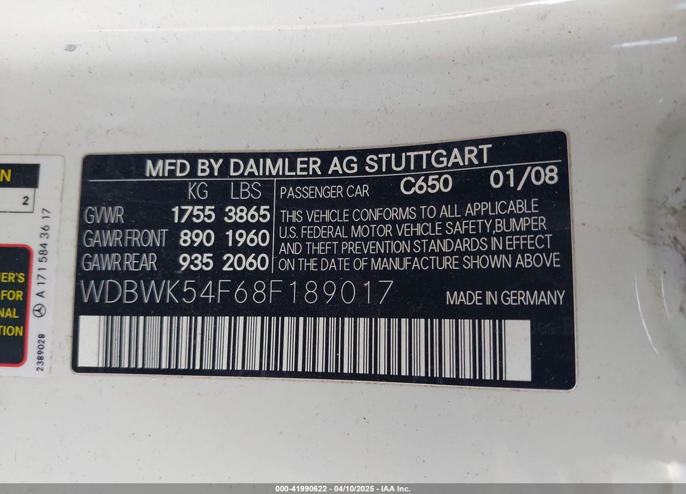 2008 MERCEDES-BENZ SLK 280 VIN: WDBWK54F68F189017