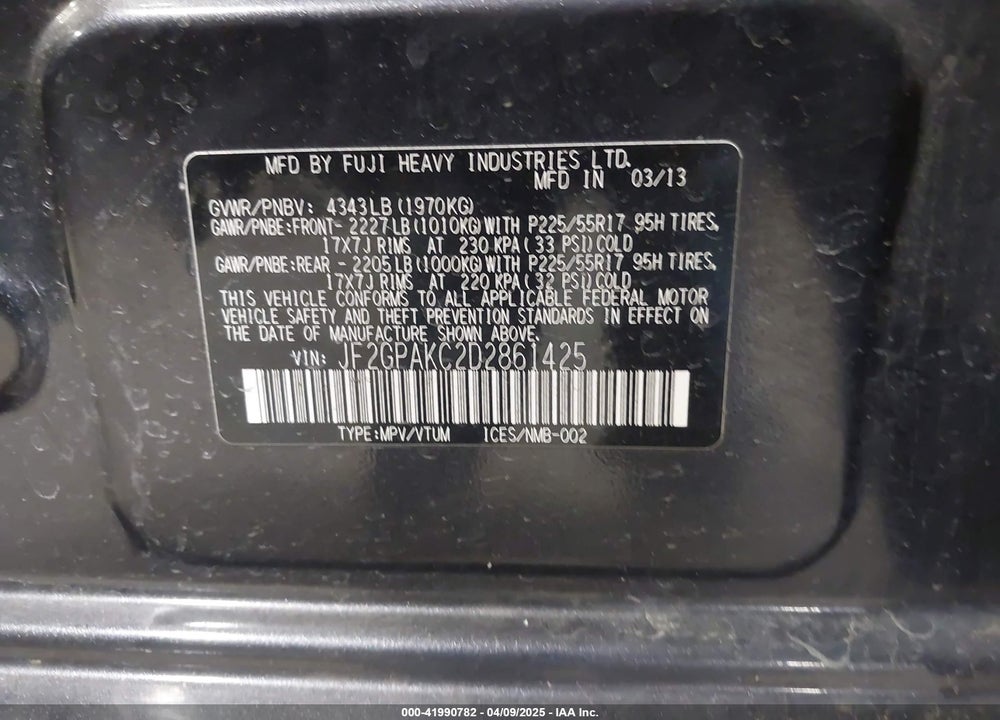 2013 SUBARU XV CROSSTREK 2.0I LIMITED VIN: JF2GPAKC2D2861425