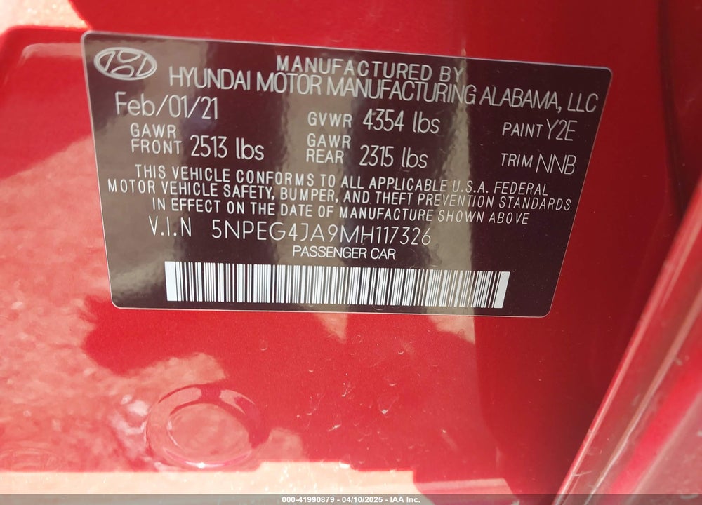2021 HYUNDAI SONATA VIN: 5NPEG4JA9MH117326