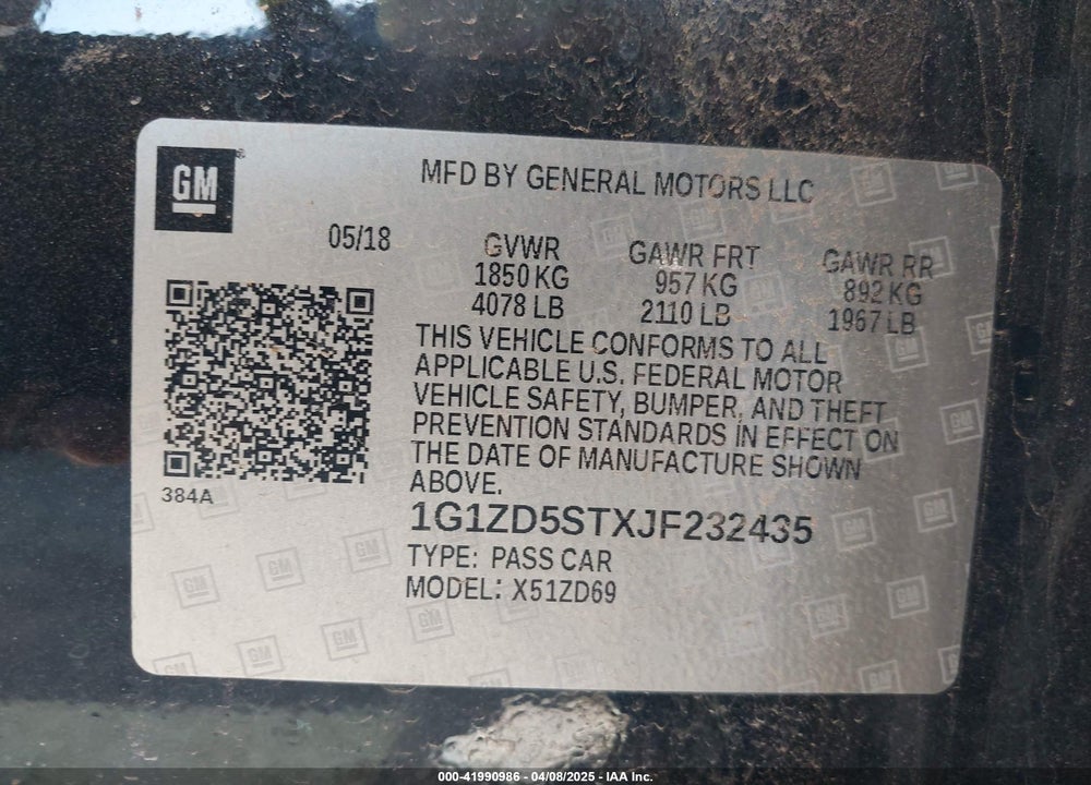 2018 CHEVROLET MALIBU LT VIN: 1G1ZD5STXJF232435