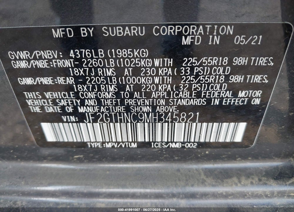 2021 SUBARU CROSSTREK LIMITED VIN: JF2GTHNC9MH345821