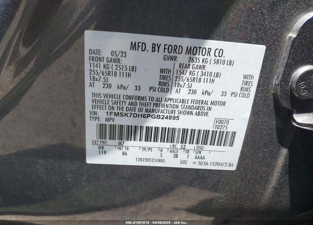 2023 FORD EXPLORER VIN: 1FMSK7DH6PGB24895
