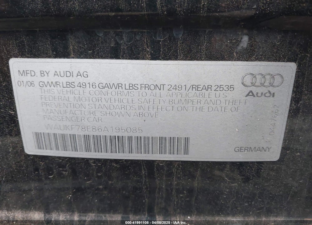 2006 AUDI A4 VIN: WAUKF78E86A195085