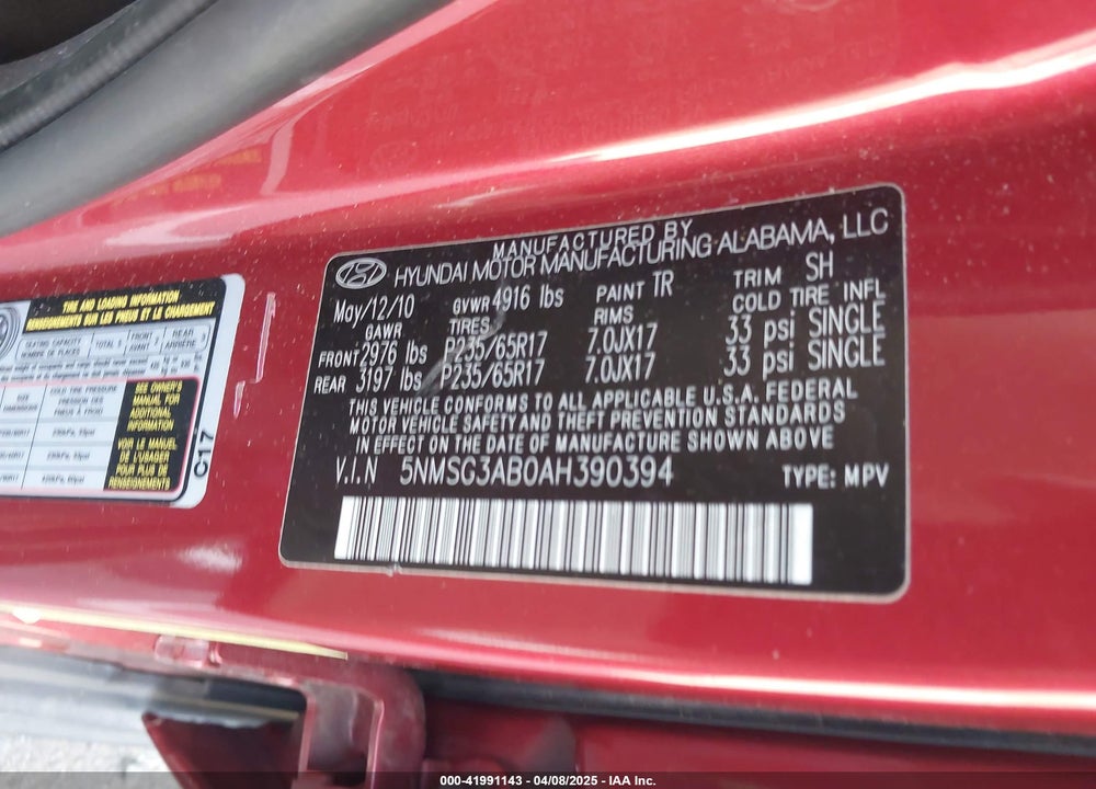 2010 HYUNDAI SANTA FE GLS VIN: 5NMSG3AB0AH390394