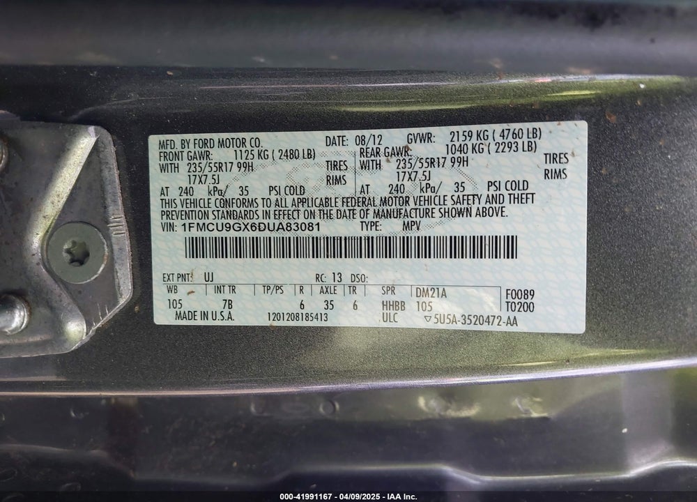 2013 FORD ESCAPE VIN: 1FMCU9GX6DUA83081