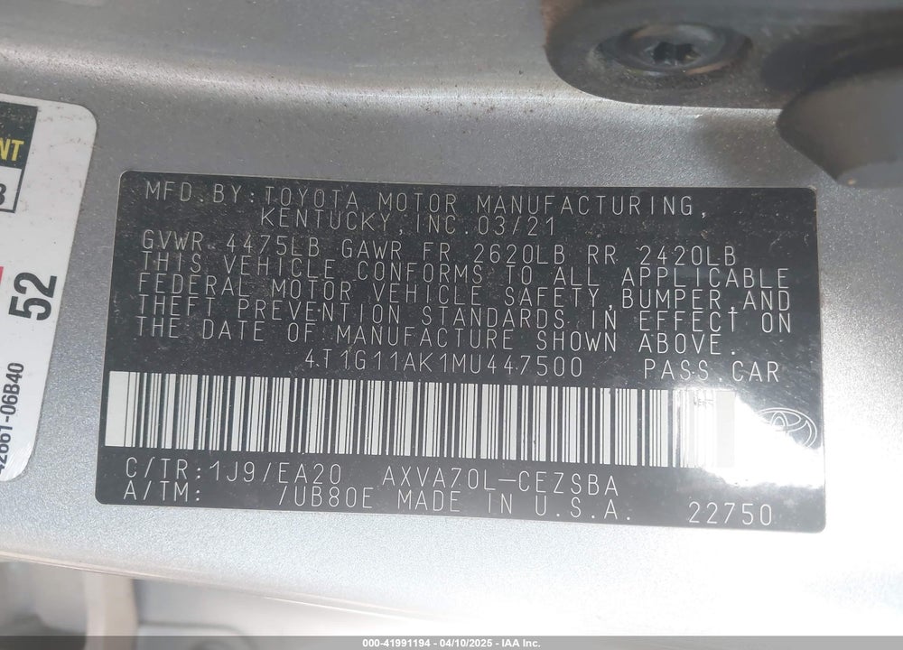 2021 TOYOTA CAMRY SE VIN: 4T1G11AK1MU447500