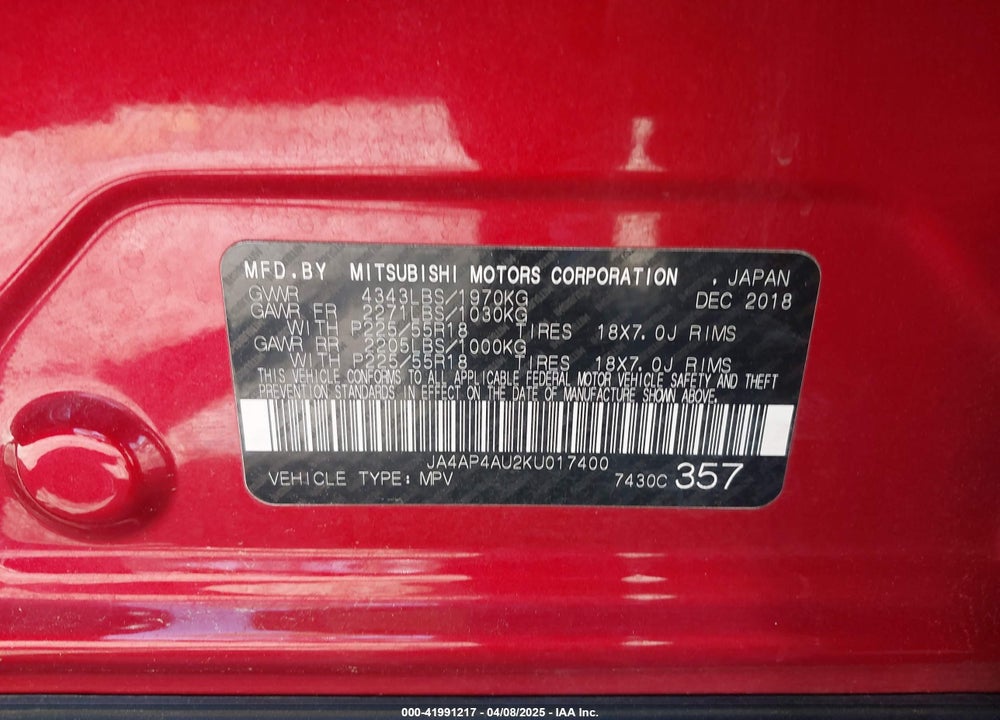 2019 MITSUBISHI OUTLANDER SPORT VIN: JA4AP4AU2KU017400