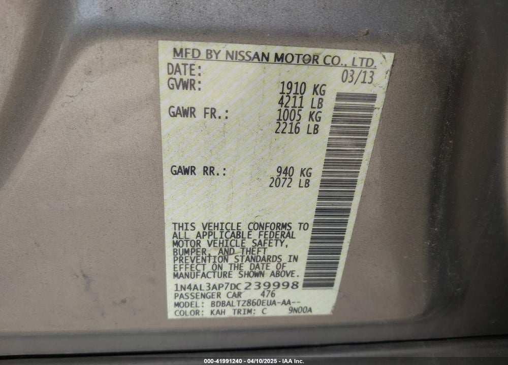2013 NISSAN ALTIMA VIN: 1N4AL3AP7DC239998