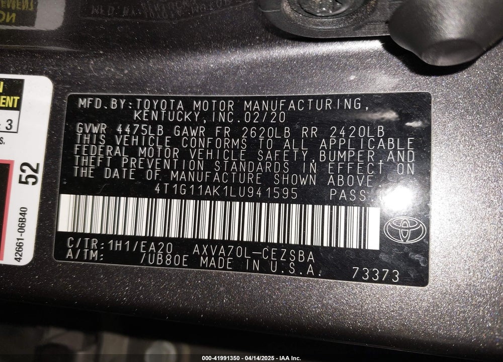 2020 TOYOTA CAMRY VIN: 4T1G11AK1LU941595