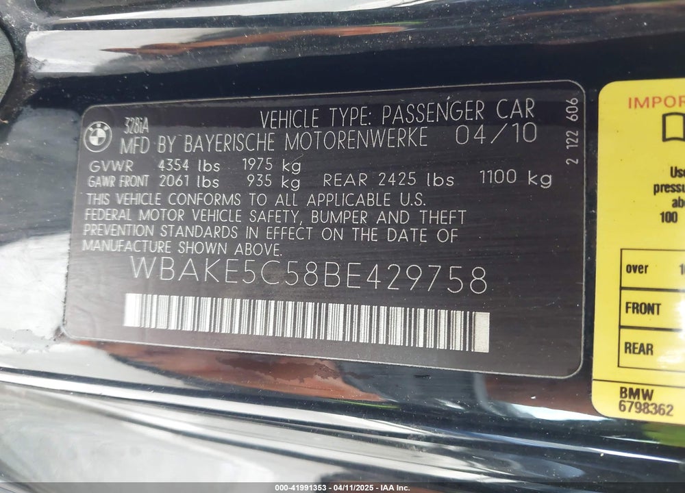 2011 BMW 328I VIN: WBAKE5C58BE429758