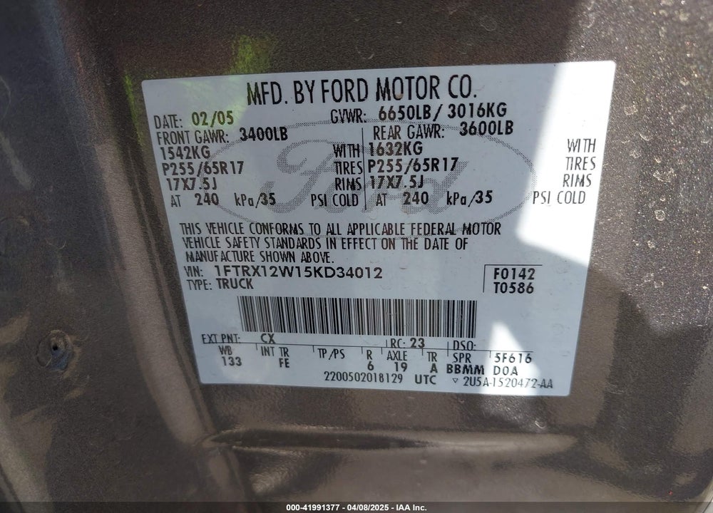 2005 FORD F-150 STX/XL/XLT VIN: 1FTRX12W15KD34012