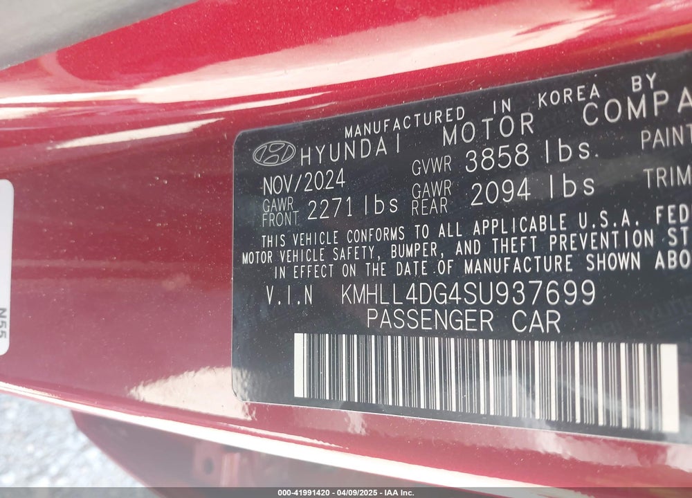 2025 HYUNDAI ELANTRA SE VIN: KMHLL4DG4SU937699