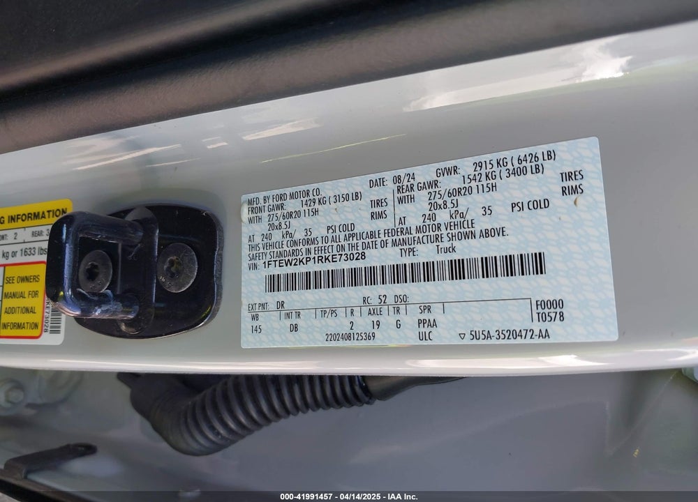 2024 FORD F-150 VIN: 1FTEW2KP1RKE73028