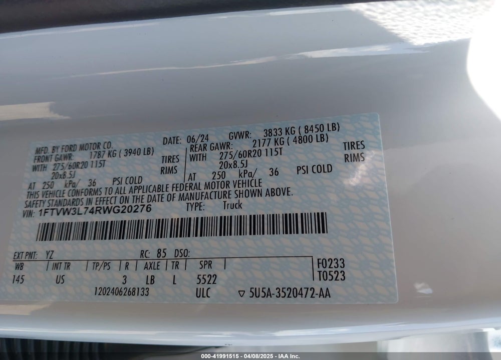 2024 FORD F-150 LIGHTNING VIN: 1FTVW3L74RWG20276