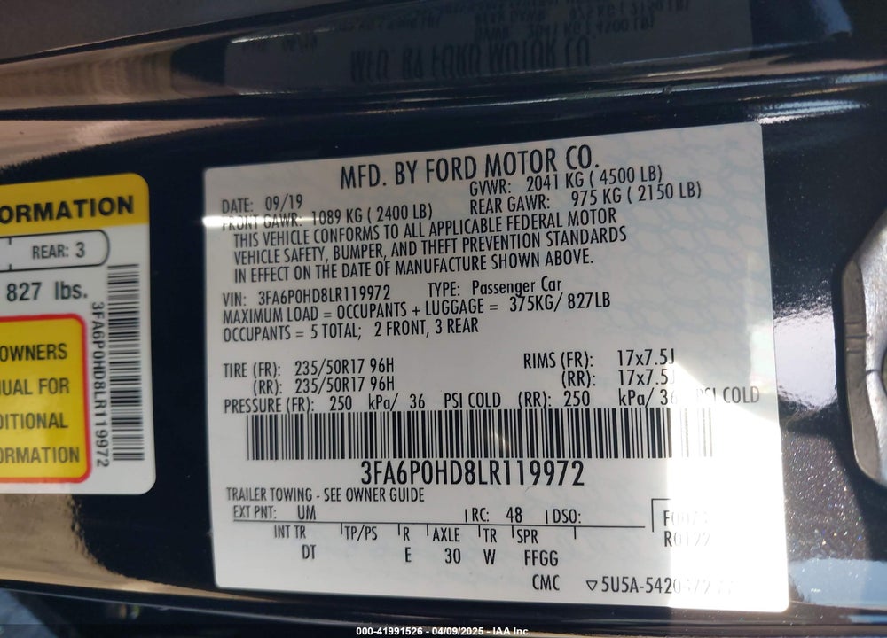 2020 FORD FUSION VIN: 3FA6P0HD8LR119972