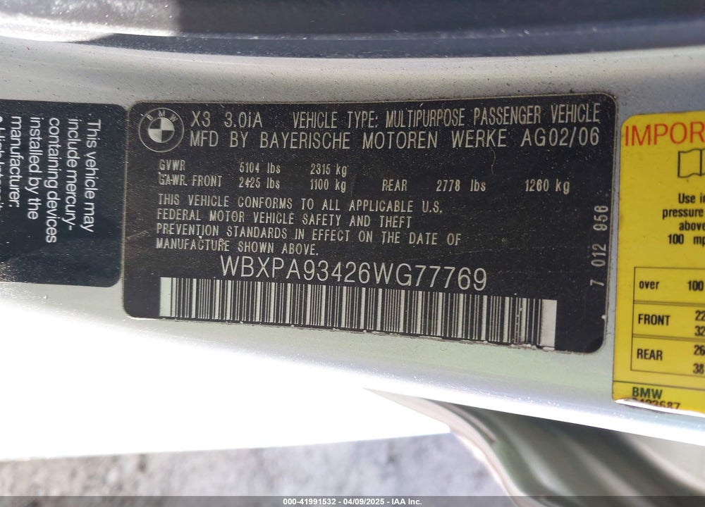 2006 BMW X3 VIN: WBXPA93426WG77769