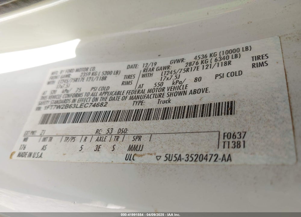 2020 FORD F-250 VIN: 1FT7W2B63LEC74682