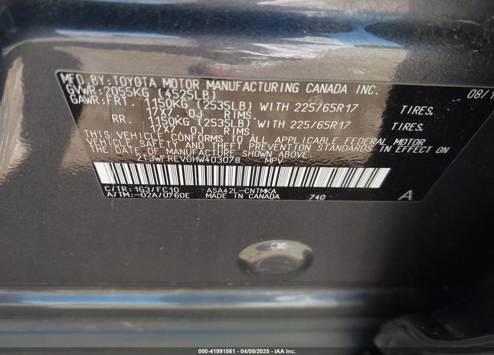 2017 TOYOTA RAV4 XLE VIN: 2T3WFREV0HW403078