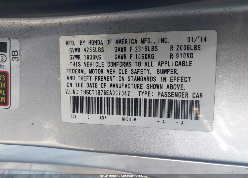 2014 HONDA ACCORD VIN: 1HGCT1B76EA007042