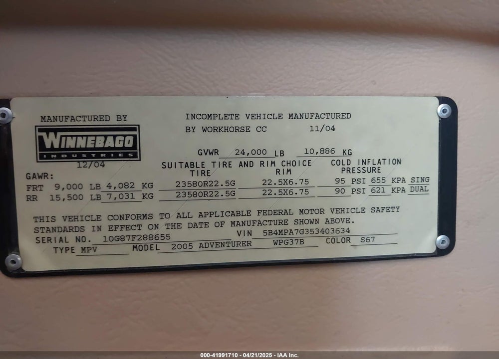2005 WINNEBAGO ADVENTURER VIN: 5B4MPA7G353403634