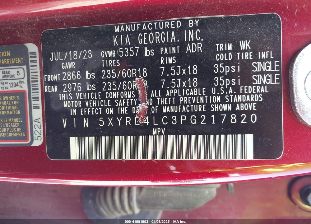 2023 KIA SORENTO VIN: 5XYRL4LC3PG217820