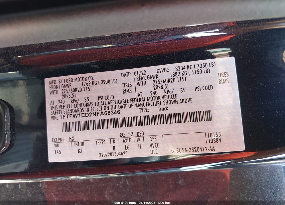 2022 FORD F-150 KING RANCH VIN: 1FTFW1ED2NFA68346