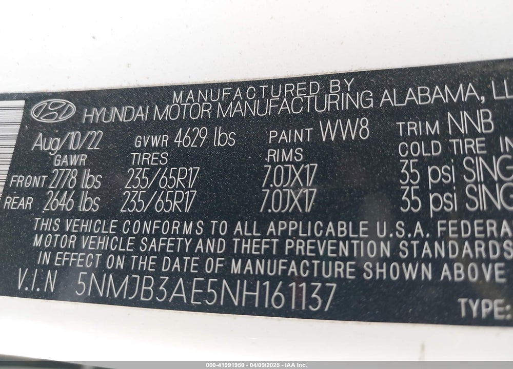 2022 HYUNDAI TUCSON VIN: 5NMJB3AE5NH161137