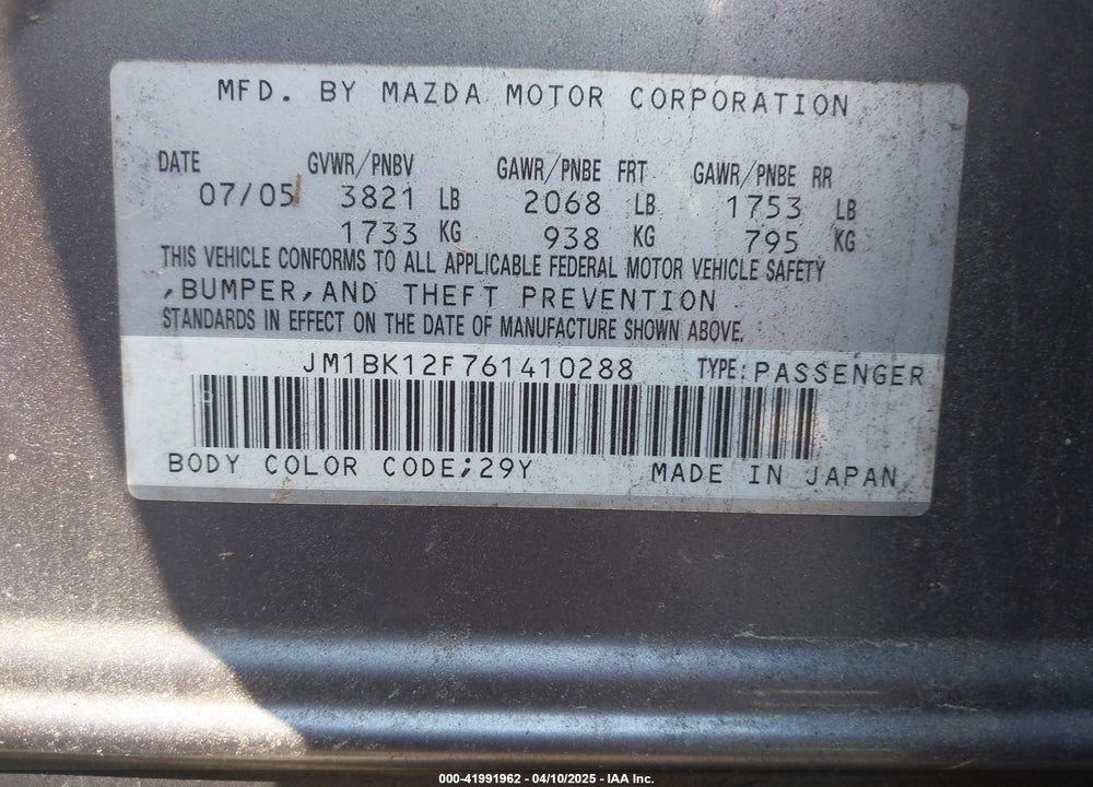 2006 MAZDA 3 VIN: JM1BK12F761410288