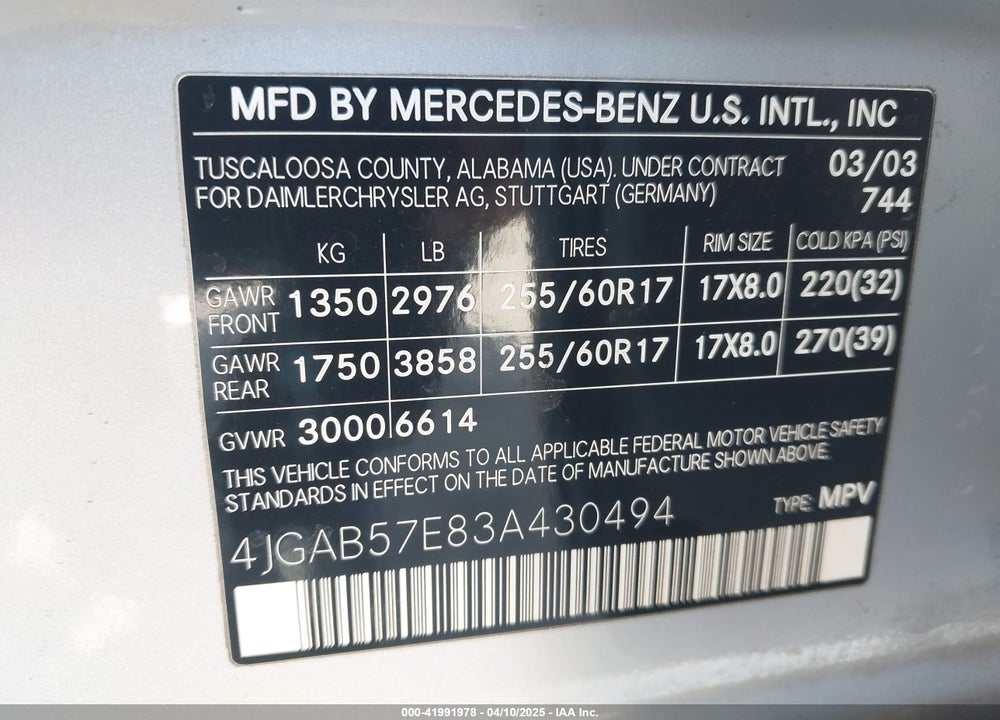 2003 MERCEDES-BENZ ML 350 VIN: 4JGAB57E83A430494