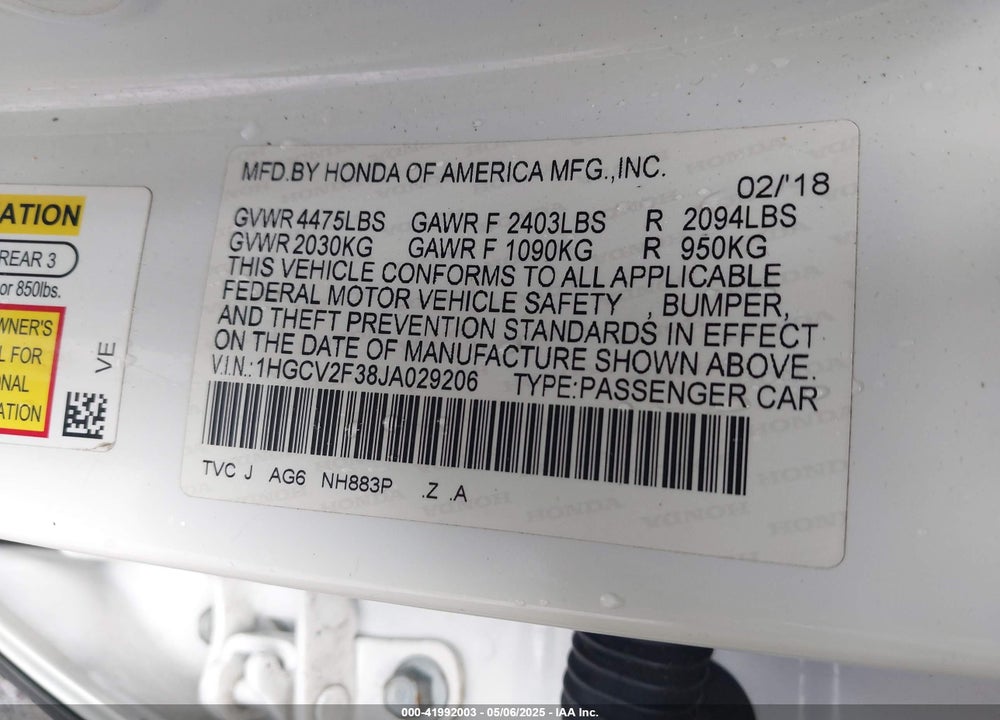 2018 HONDA ACCORD VIN: 1HGCV2F52JA006814