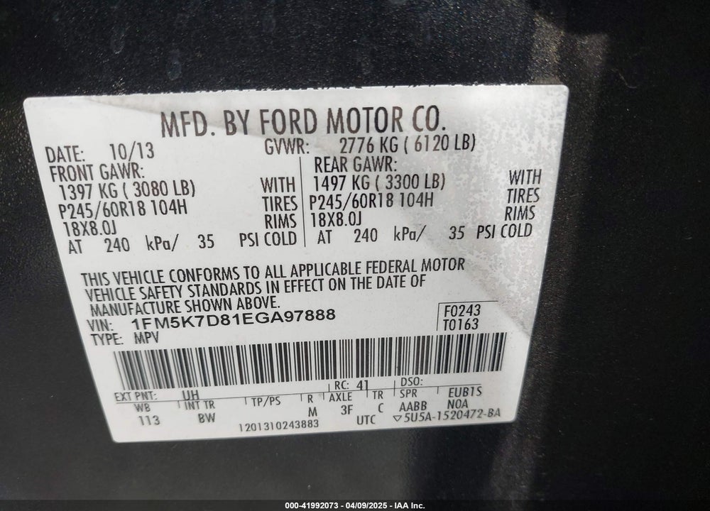 2014 FORD EXPLORER XLT VIN: 1FM5K7D81EGA97888