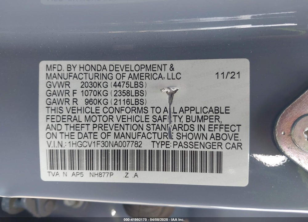2022 HONDA ACCORD SPORT VIN: 1HGCV1F30NA007782
