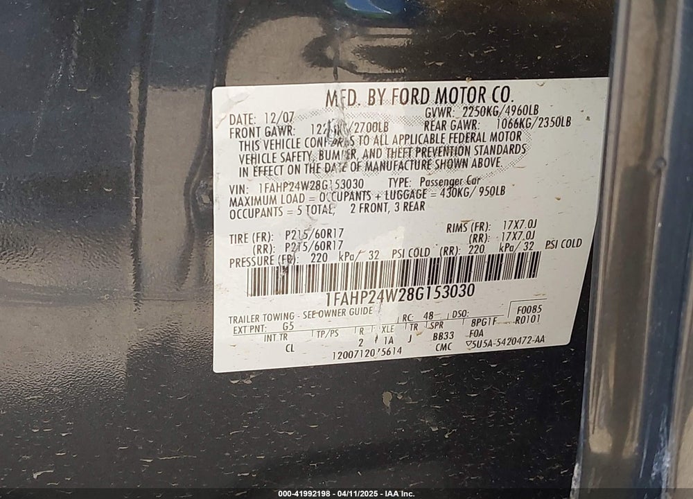 2008 FORD TAURUS SEL VIN: 1FAHP24W28G153030