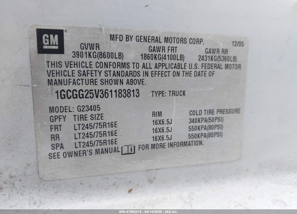 2006 CHEVROLET EXPRESS VIN: 1GCGG25V361183813
