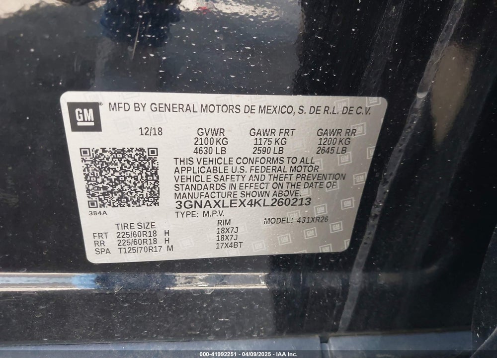 2019 CHEVROLET EQUINOX LT VIN: 3GNAXLEX4KL260213