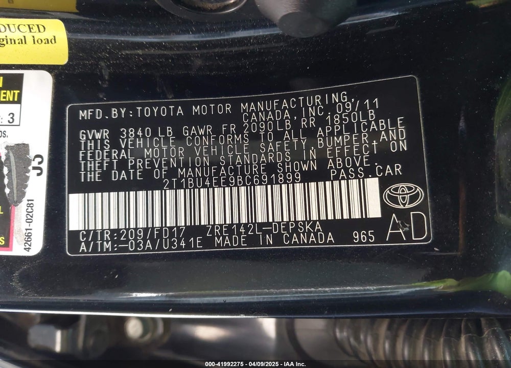 2011 TOYOTA COROLLA S VIN: 2T1BU4EE9BC691899