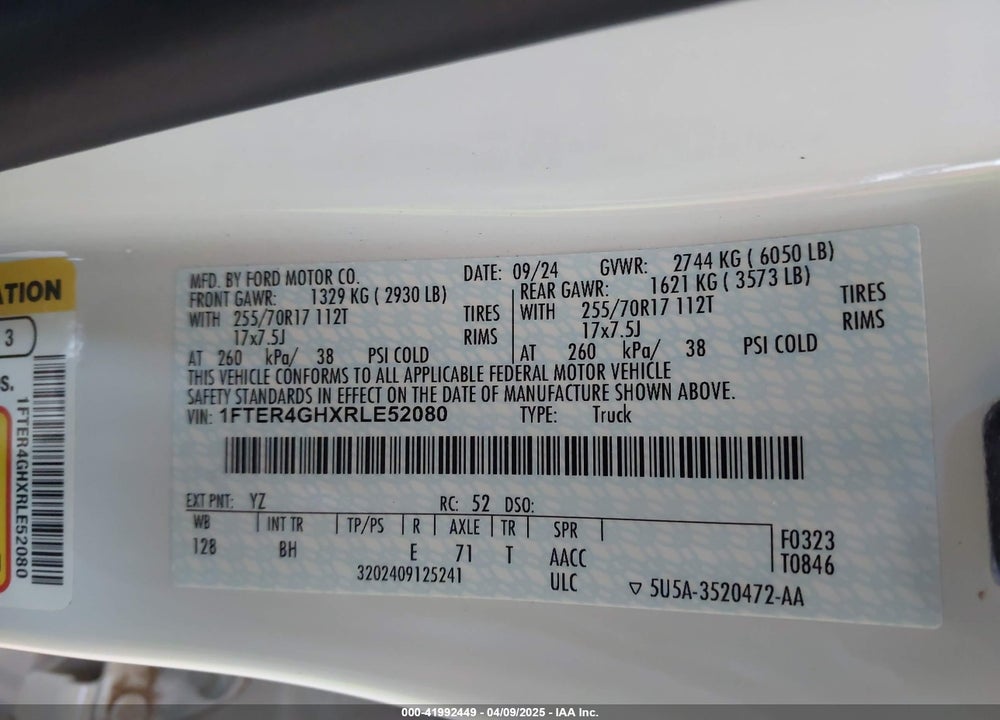 2024 FORD RANGER VIN: 1FTER4GHXRLE52080