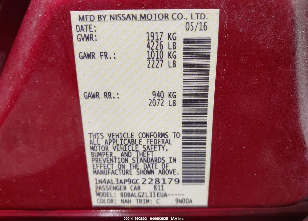 2016 NISSAN ALTIMA VIN: 1N4AL3AP9GC228179