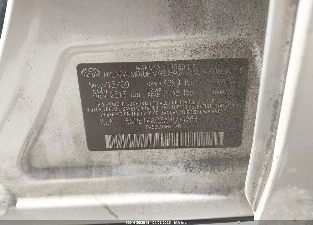 2010 HYUNDAI SONATA VIN: 5NPET4AC3AH596254