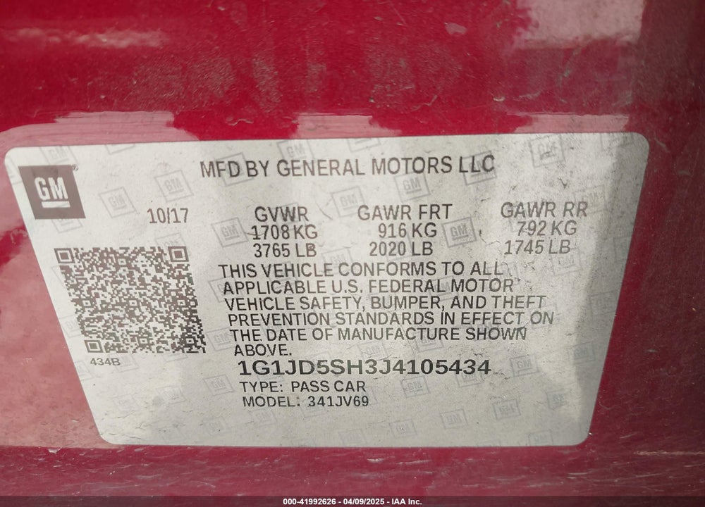 2018 CHEVROLET SONIC LT AUTO VIN: 1G1JD5SH3J4105434