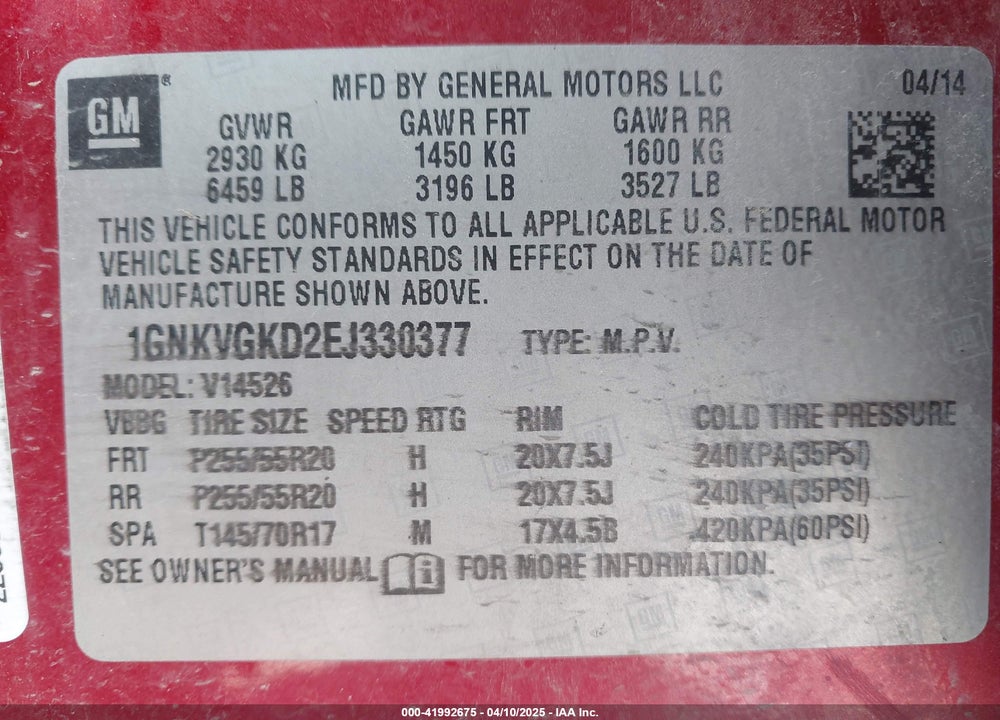 2014 CHEVROLET TRAVERSE VIN: 1GNKVGKD2EJ330377