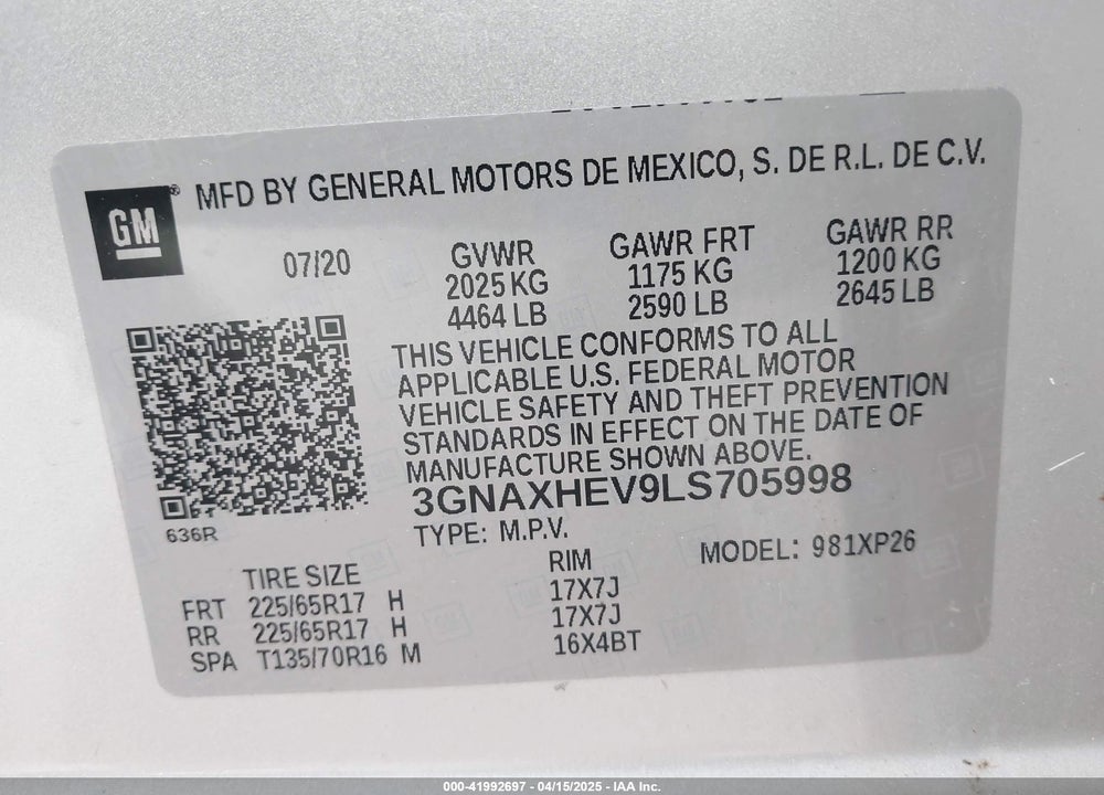 2020 CHEVROLET EQUINOX VIN: 3GNAXHEV9LS705998