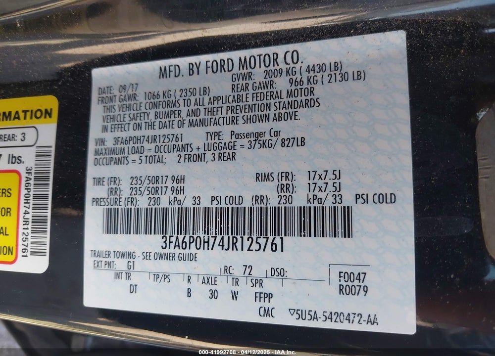 2018 FORD FUSION SE VIN: 3FA6P0H74JR125761